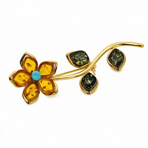 Blomst Broche I Forgyldt 925 Sterling S�lv Og Rav