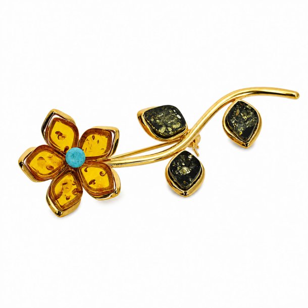 Blomst Broche I Forgyldt 925 Sterling S�lv Og Rav