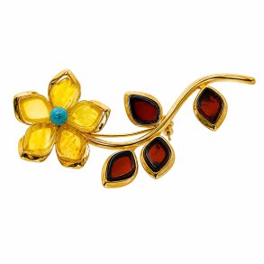 Blomst Broche I Forgyldt 925 Sterling S�lv Og Rav