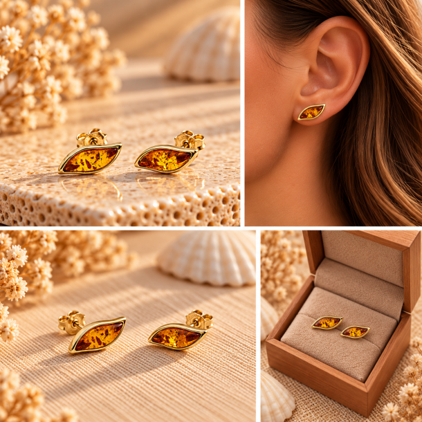 Elegante Bladformede Rav�reringe � �gte Cognac Rav i Forgyldt S�lv