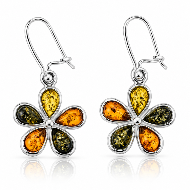 Elegante blomster�reringe med �gte flerfarvet Vesterhavsrav i 925 sterling s�lv. H�ndlavet kvalitet i skandinavisk design.