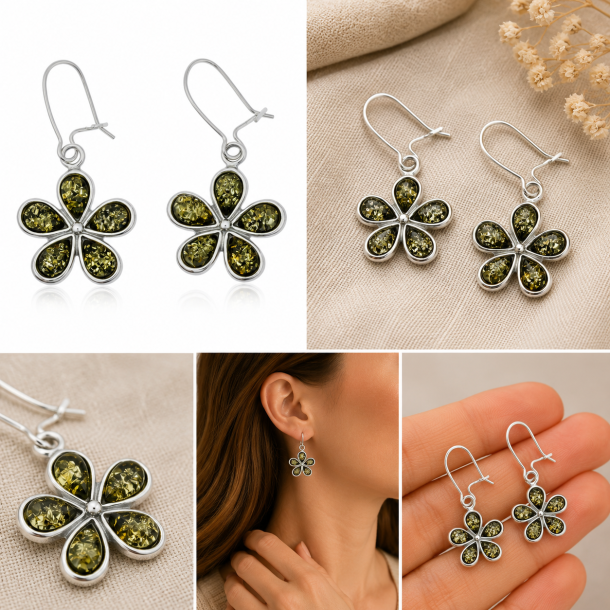 Elegante Blumen-Ohrringe aus echtem gr�nem Bernstein, handgefertigt in Sterling Silber.