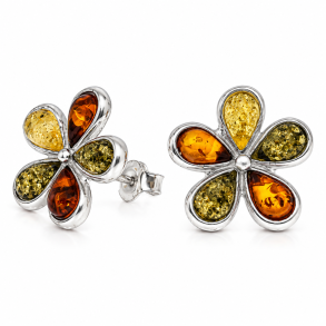 Smukke Blomster rav�reringe med �gte rav i gr�nne, cognac- og gyldne nuancer. Elegant design i sterling s�lv med fem dr�beformede ravstykker