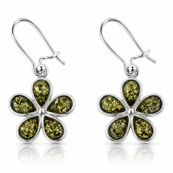 Elegante Blumen-Ohrringe aus echtem gr�nem Bernstein, handgefertigt in Sterling Silber.