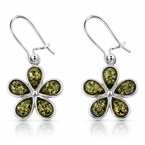 Elegante Blumen-Ohrringe aus echtem gr�nem Bernstein, handgefertigt in Sterling Silber.