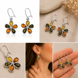 Elegante blomster�reringe med �gte flerfarvet Vesterhavsrav i 925 sterling s�lv. H�ndlavet kvalitet i skandinavisk design.