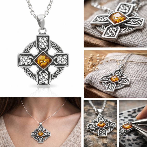 Keltischer Hochkreuzanh�nger aus 925er Sterlingsilber | Quadratischer cognacfarbener echter Bernstein in der Mitte