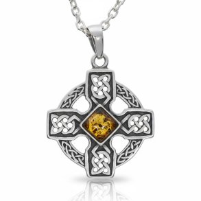 Keltischer Hochkreuzanh�nger aus 925er Sterlingsilber | Quadratischer cognacfarbener echter Bernstein in der Mitte