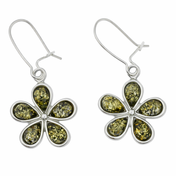 Elegante Blumen-Ohrringe aus echtem gr�nem Bernstein, handgefertigt in Sterling Silber.
