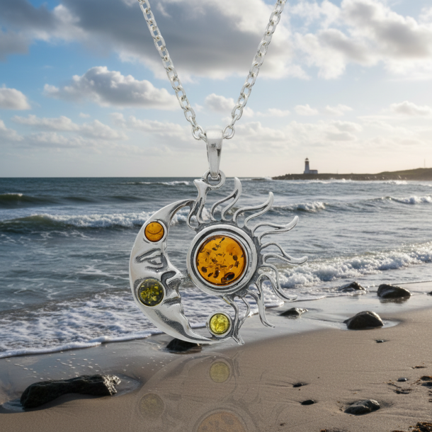 Manden i m�nen &amp; solstr�le vedh�ng i .925 sterlings�lv med flerfarvet rav