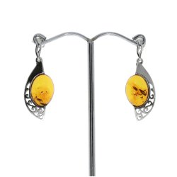 Maori b�lger - Moderne halv-dr�be �reringe med flet ravstykke af sterling s�lv