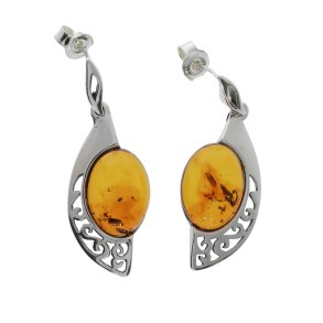 Maori Wellen � Moderne Halb-Tropfen Ohrringe mit geflochtenem Bernsteinst�ck aus Sterlingsilber