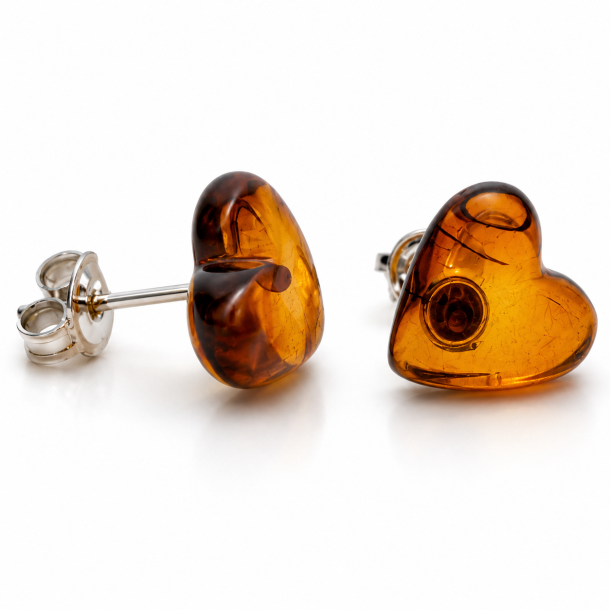 Hjerte �restikker med �gte Cognacfarvet Rav og 925 Sterling S�lv