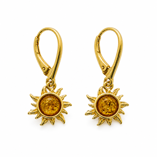 Sol �reringe med Rav i Forgyldt 925 Sterling S�lv