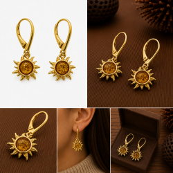 Sol �reringe med Rav i Forgyldt 925 Sterling S�lv