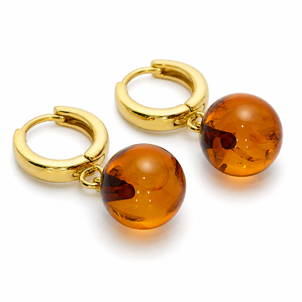 Runde Rav �reringe i Forgyldt 925 Sterling S�lv � Cognac Rav