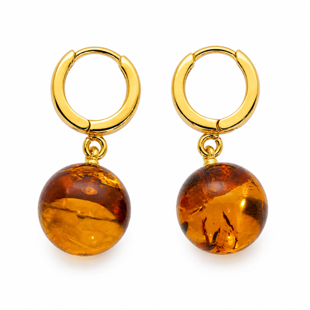 Runde Rav �reringe i Forgyldt 925 Sterling S�lv � Cognac Rav