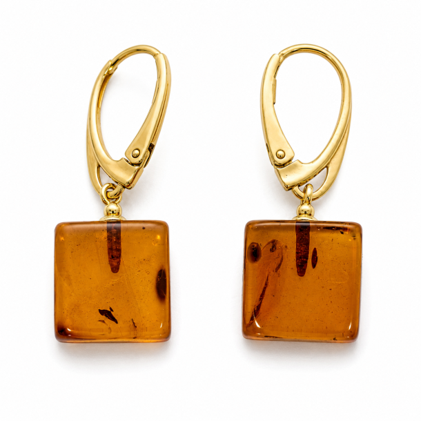 Geometriske Rav �reringe med Cognac Rav � Forgyldt 925 Sterling S�lv