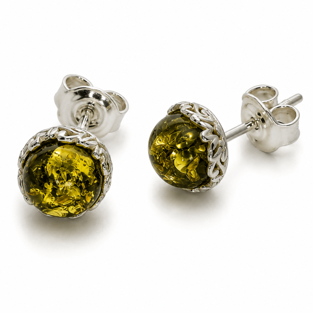 Gr�nne Rav �restikker i 925 Sterling S�lv � Elegant Blomsterdesign