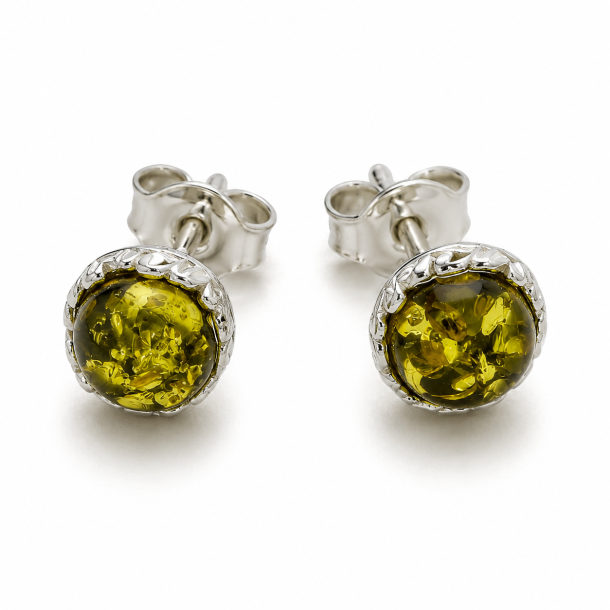 Gr�nne Rav �restikker i 925 Sterling S�lv � Elegant Blomsterdesign
