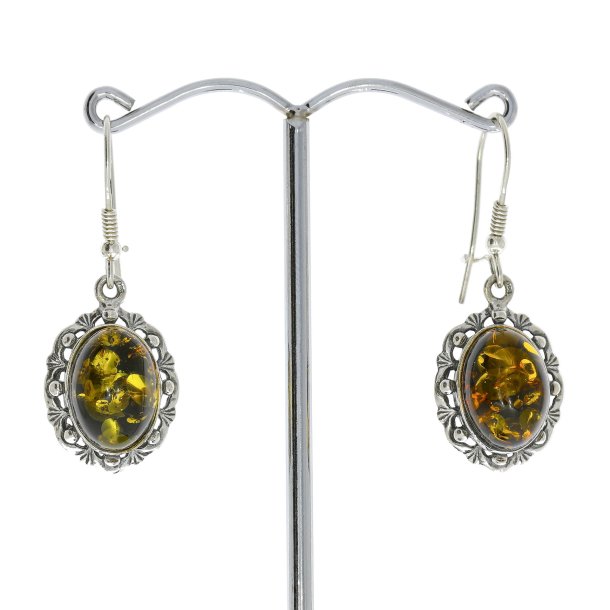 Blomster reringe I Slv Og Grnt Rav / Blumenohrringe aus Silber und grnem Bernstein