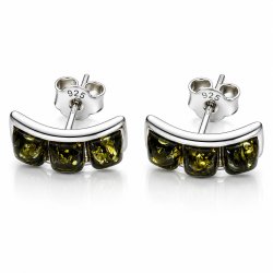 Gebogene Ohrstecker mit Echtem Gr�nem Baltischem Bernstein in 925 Sterling Silber