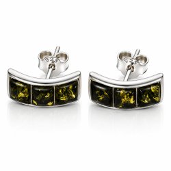 Gebogene Ohrstecker mit Echtem Gr�nem Baltischem Bernstein in 925 Sterling Silber
