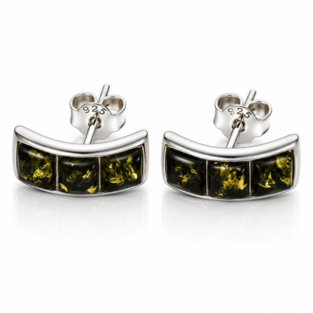 Gebogene Ohrstecker mit Echtem Gr�nem Baltischem Bernstein in 925 Sterling Silber