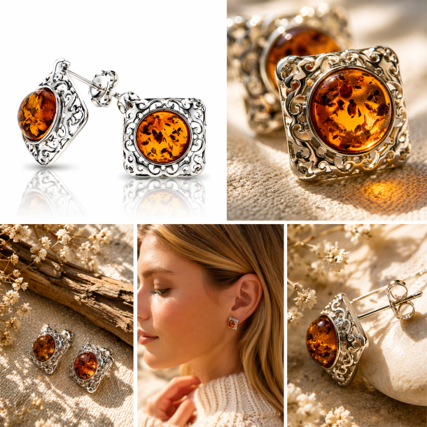 Exklusive Bernstein Ohrringe 925 Silber � Ornament Design mit Baltischem Bernstein