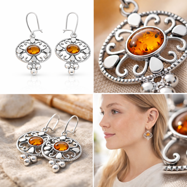 Elegante Bernstein Ohrringe aus Sterlingsilber � Nordisches Filigran Design