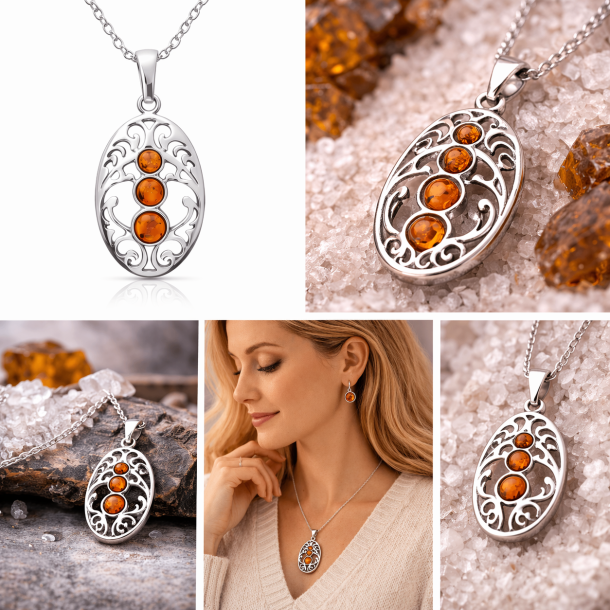 Vintage Sterlingsilber Cognac Bernstein Filigran Anh�nger - ovales offenes Design 