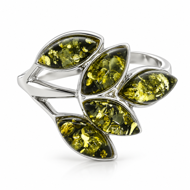 Blad Ring I Sterling S�lv Og Gr�nt Rav