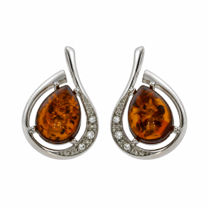 Elegante dr�beformede �reringe med �gte cognacfarvet rav, s�lv og funklende detaljer i �gte Rav og S�lv