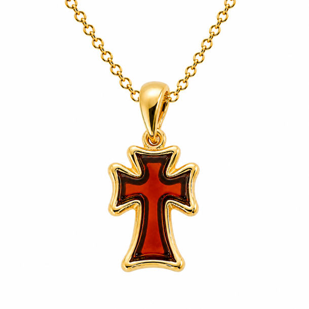 Elegante vergoldete Kreuzkette mit feinstem dunkel baltischen Bernstein in Cognac. Ein zeitloses, spirituelles Schmuckst�ck f�r Damen &amp; Herren. Jetzt online bestellen!