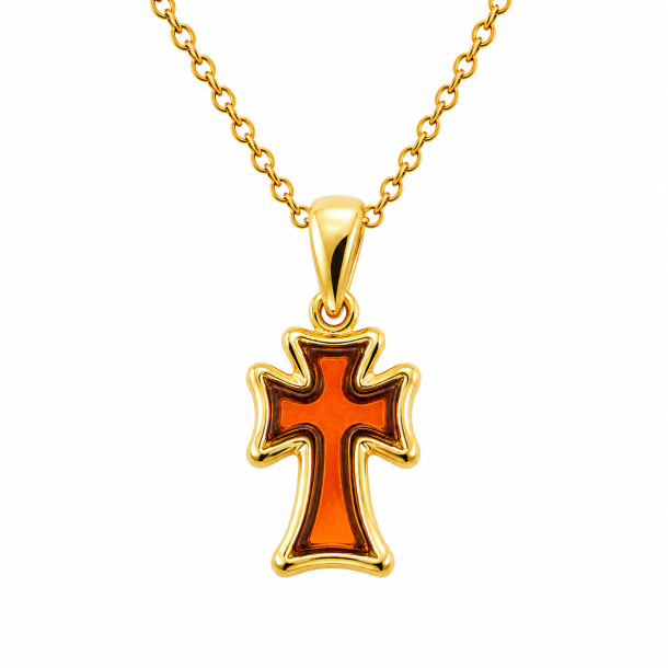 Elegante vergoldete Kreuzkette mit feinstem baltischen Bernstein in Cognac. Ein zeitloses, spirituelles Schmuckst�ck f�r Damen &amp; Herren. Jetzt online bestellen!