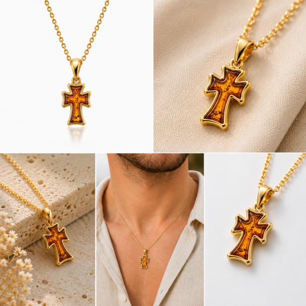 Elegante vergoldete Kreuzkette mit feinstem baltischen Bernstein in Cognac. Ein zeitloses, spirituelles Schmuckst�ck f�r Damen &amp; Herren. Jetzt online bestellen!