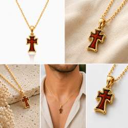 Elegante vergoldete Kreuzkette mit feinstem dunkel baltischen Bernstein in Cognac. Ein zeitloses, spirituelles Schmuckst�ck f�r Damen &amp; Herren. Jetzt online bestellen!
