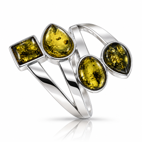Eksklusiv S�lvring med 4 Gr�nne Ravstykker � Moderne Ravring med �gte Rav 