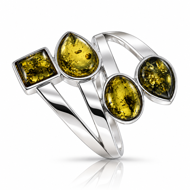Eksklusiv S�lvring med 4 Gr�nne Ravstykker � Moderne Ravring med �gte Rav 