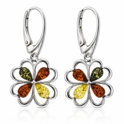 Vierbl�ttriges Kleeblatt Ohrringe mit Echtem Mehrfarbigem Baltischem Bernstein in 925 Sterling Silber