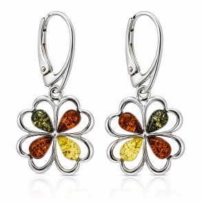 Vierbl�ttriges Kleeblatt Ohrringe mit Echtem Mehrfarbigem Baltischem Bernstein in 925 Sterling Silber