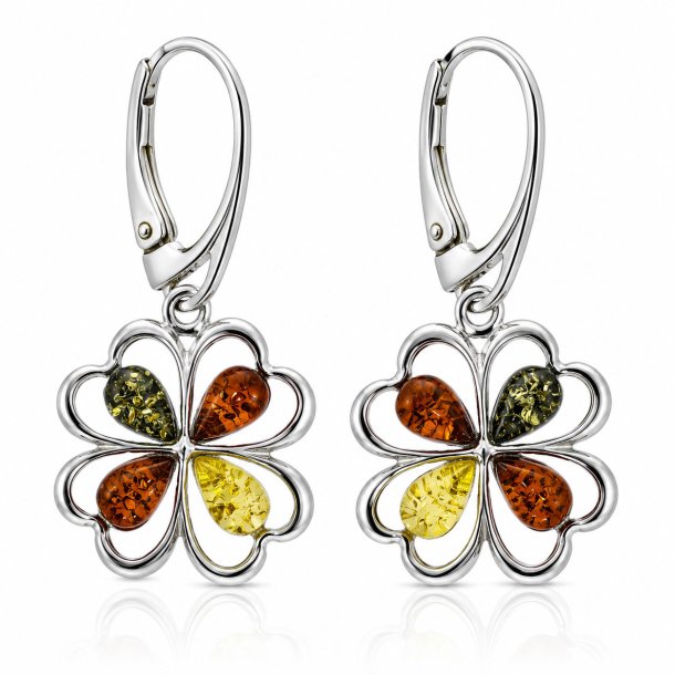 Vierbl�ttriges Kleeblatt Ohrringe mit Echtem Mehrfarbigem Baltischem Bernstein in 925 Sterling Silber