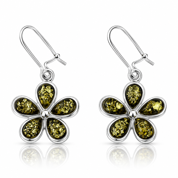 Elegante Blumen-Ohrringe aus echtem gr�nem Bernstein, handgefertigt in Sterling Silber.
