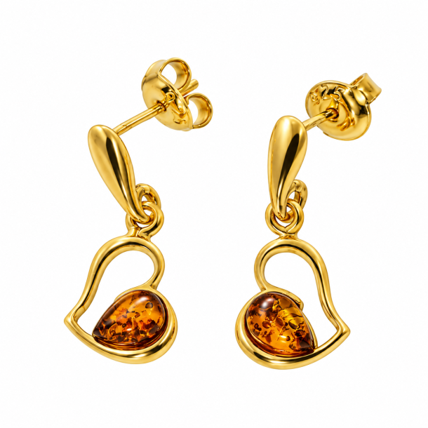 Elegante Hjerteformede Rav�reringe med �gte Cognacfarvet Rav � Guldfarvet Design