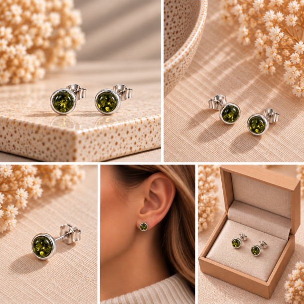 Runde �restikker med �gte Gr�n Rav og S�lv � Elegant Klassisk Design