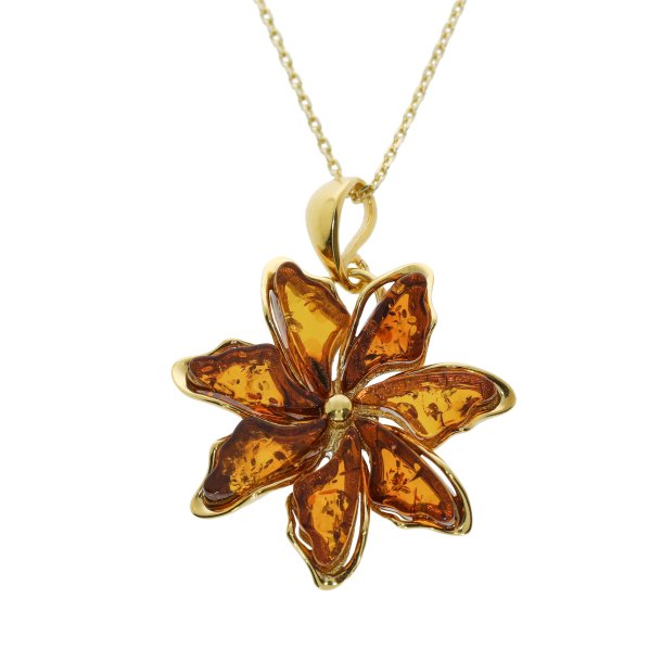 Exklusiver Blumen-Anh�nger aus vergoldetem 925 Silber mit echtem Cognac-Bernstein