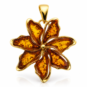 Exklusiver Blumen-Anh�nger aus vergoldetem 925 Silber mit echtem Cognac-Bernstein