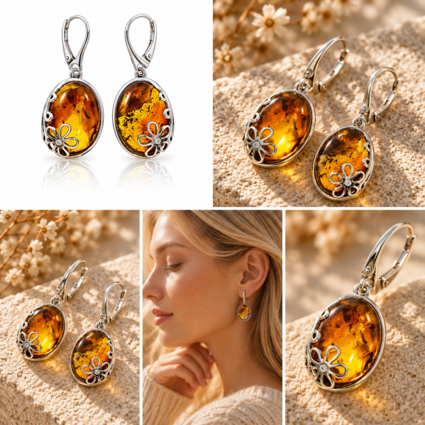 Unikke h�ndlavede ovale rav�reringe i gyldent cognac rav og 925 sterling s�lv med blomstermotiv