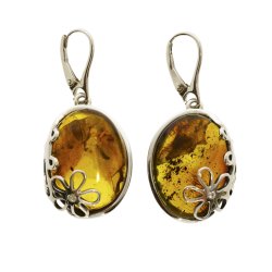 Unikke h�ndlavede ovale rav�reringe i gyldent cognac rav og 925 sterling s�lv med blomstermotiv