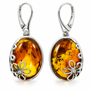 Unikke h�ndlavede ovale rav�reringe i gyldent cognac rav og 925 sterling s�lv med blomstermotiv